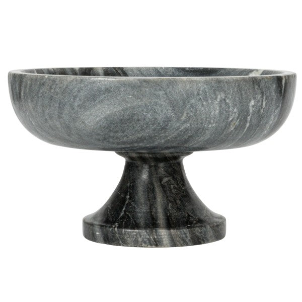 A round grey marble pedestal bowl with a smooth finish, sitting on a sturdy base.